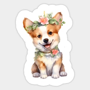 Watercolor Pembroke Welsh Corgi Dog with Head Wreath Sticker